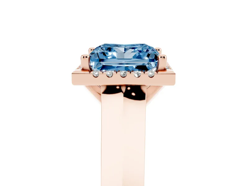 Fancy Blue Princess Cut Diamond Halo Ring Set in Rose gold with Cathedral Band and Prong Setting