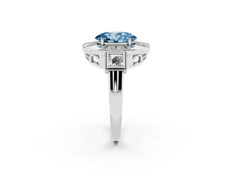 Fancy Blue Oval Cut Diamond Milgrain Halo Ring Set in Silver with Split Shank
