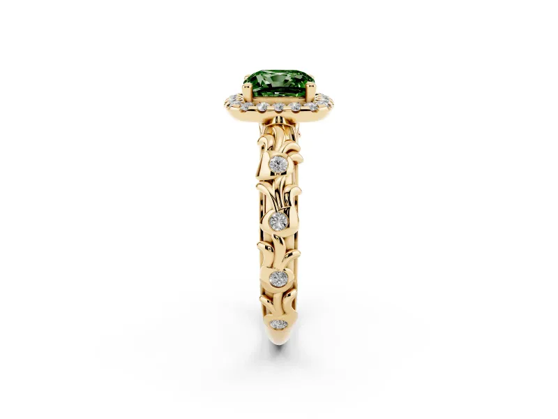 Cushion Cut Leaf Halo Engagement Ring Setting for a Fancy Green Lab-Grown Diamond | Bezel Accents | Yellow Gold