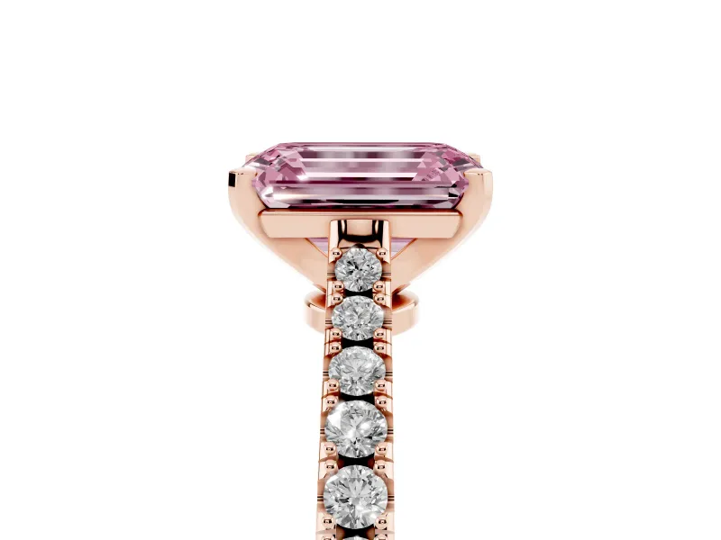 Emerald Cut Pavé Solitaire Engagement Ring Setting for a Fancy Pink Lab-Grown Diamond | Single Row Shoulders | Rose Gold