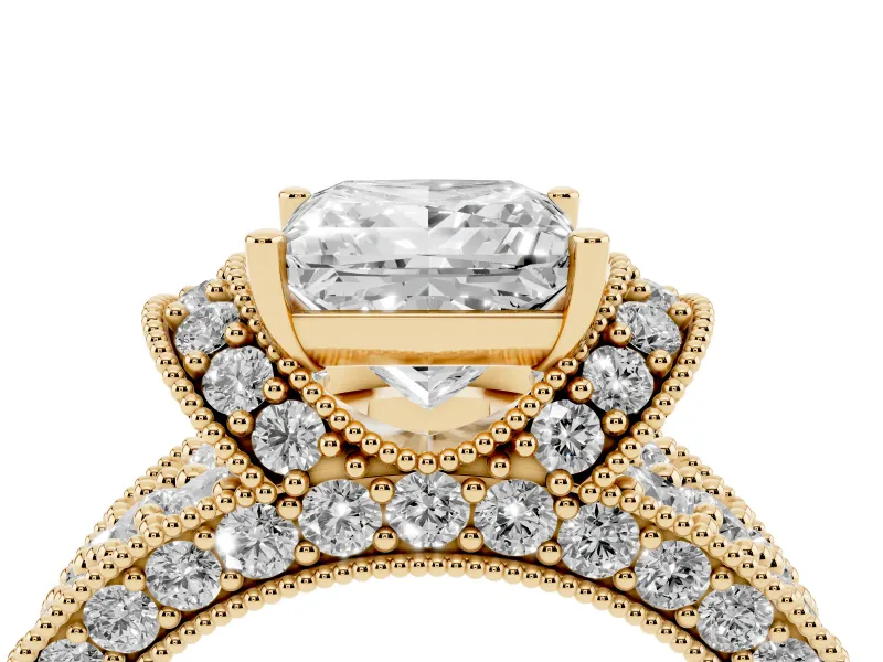 Princess Cut Vintage Milgrain Pave Engagement Ring Setting | Crescent Side Rows | Yellow Gold