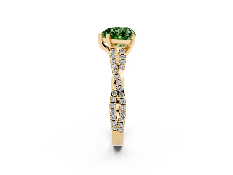 Fancy Green Heart Cut Diamond Solitaire Engagement Ring Set in Yellow gold with Twisted Pavé Band and Prong Setting