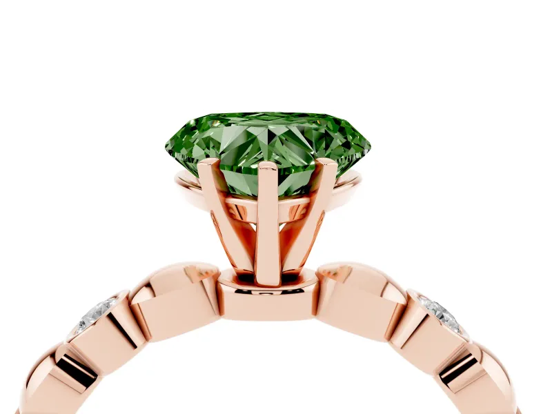 Fancy Green Heart Cut Diamond Solitaire Ring Set in Rose gold with Bezel-Set Accents on Beaded Band and Prong Setting