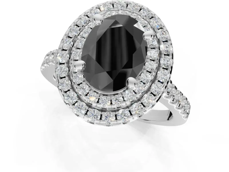 Fancy Black Oval Lab-Grown Diamond Double Halo Statement Ring Set in Sterling Silver with Pavé Band
