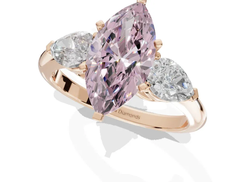 Marquise Three-Stone Ring Setting for a Fancy Pink Lab-Grown Diamond | Pear Side Stones | Rose Gold