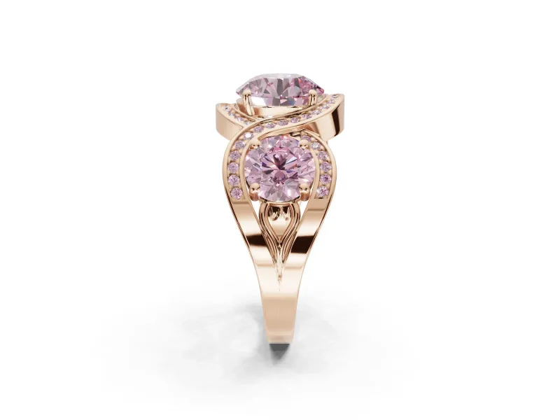 Round Three Stone Halo Engagement Ring Setting for a Fancy Pink Lab-Grown Diamond | Pavé Wave Band | Rose Gold