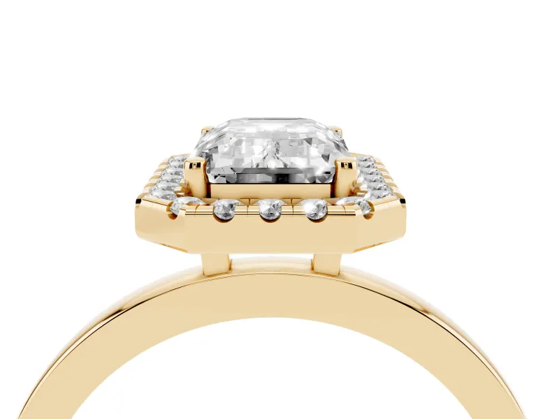 Emerald Cut Thin Halo Engagement Ring Setting | Plain Polished Band | Yellow Gold