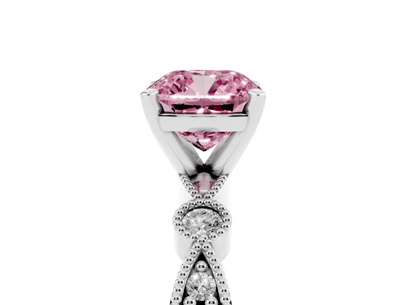 Fancy Pink Cushion Cut Diamond Solitaire Engagement Ring Set in White gold with Milgrain Bezel Accent Band