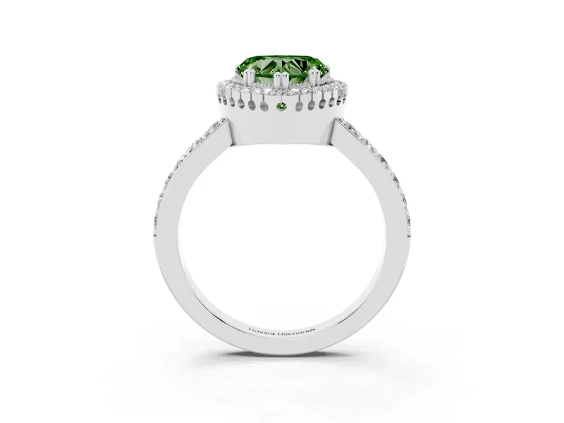 Fancy Green Heart Cut Diamond Halo Engagement Ring Set in Silver with Milgrain Detail and Pavé Band