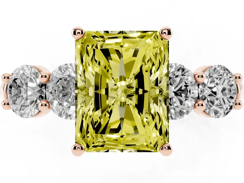 Radiant Cut Five Stone Engagement Ring Setting for a Fancy Yellow Lab-Grown Diamond | Prong Set Side Stones | Rose Gold