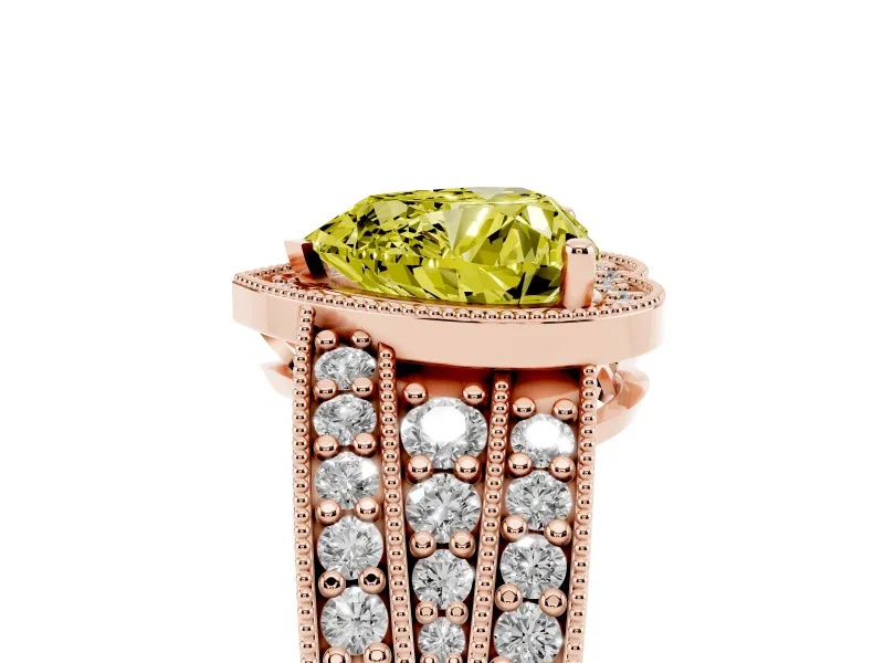 Fancy Yellow Heart Cut Diamond Halo Ring Set in Rose gold with Accent Split Shank and Prong Setting