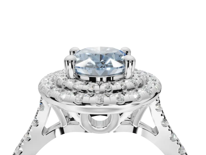 Oval Double Halo Engagement Ring Setting for a Fancy Blue Lab-Grown Diamond | Pave Shoulders | Sterling Silver