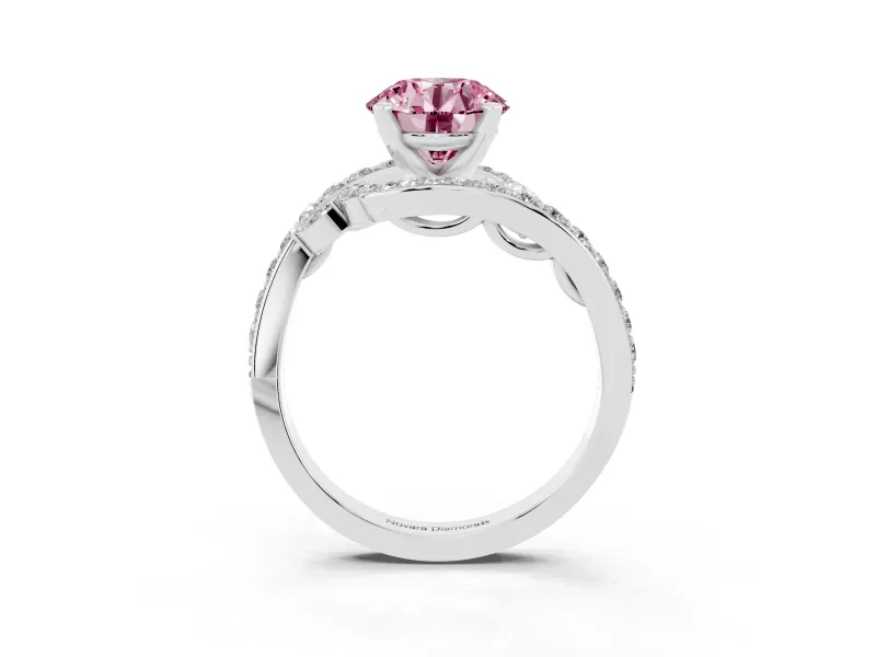Fancy Pink Round Cut Diamond Solitaire Ring Set in Silver with Pavé Twist Band and Secure Prong Setting