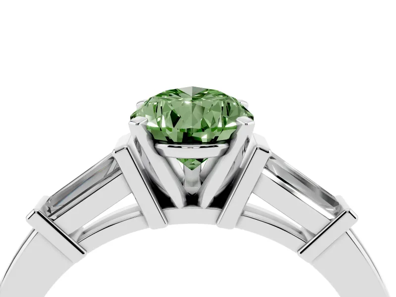Fancy Green Pear Cut Diamond Solitaire Ring Set in Silver with Tapered Baguette Accents and Prong Setting