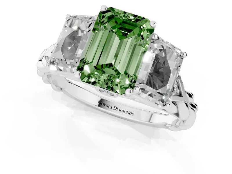 Emerald Cut Three Stone Engagement Ring Setting for a Fancy Green Lab-Grown Diamond | Braided Band | Sterling Silver