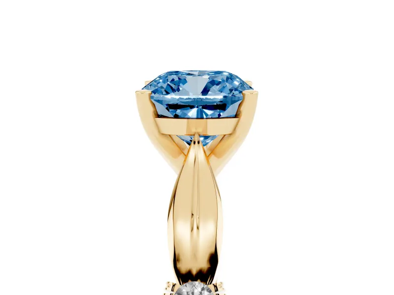 Fancy Blue Cushion Cut Diamond Solitaire Twisted Band Ring Set in Yellow gold with Accent Stones and Prong Setting