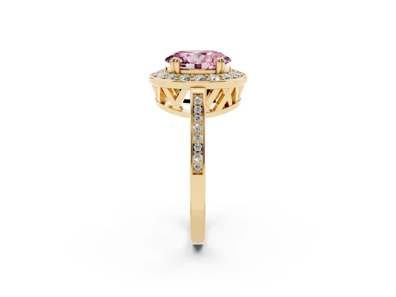 Oval Halo Engagement Ring Setting for a Fancy Pink Lab-Grown Diamond | Polished Halo Rim | Yellow Gold