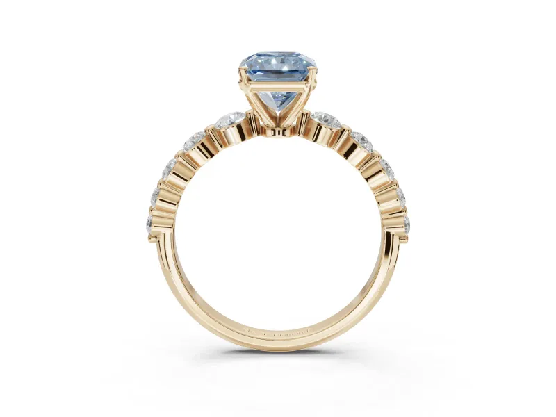 Radiant Cut Graduated Side Stone Engagement Ring Setting for a Fancy Blue Lab-Grown Diamond | Yellow Gold