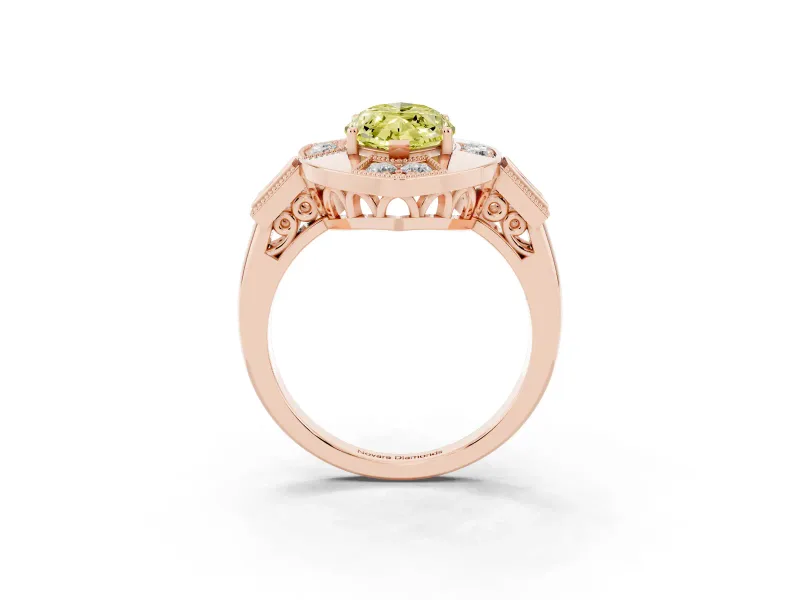 Fancy Yellow Marquise Cut Diamond Milgrain Halo Ring Set in Rose gold with Split Shank