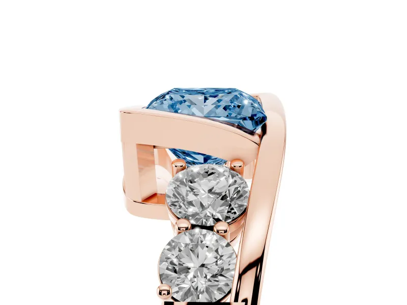 Fancy Blue Princess Cut Diamond Bezel Bypass Ring Set in Rose gold with Round Accents