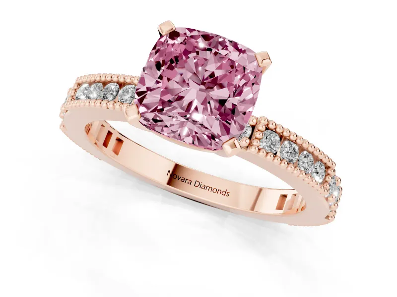 Cushion Cut Vintage Pavé Engagement Ring Setting for a Fancy Pink Lab-Grown Diamond | Rose Gold