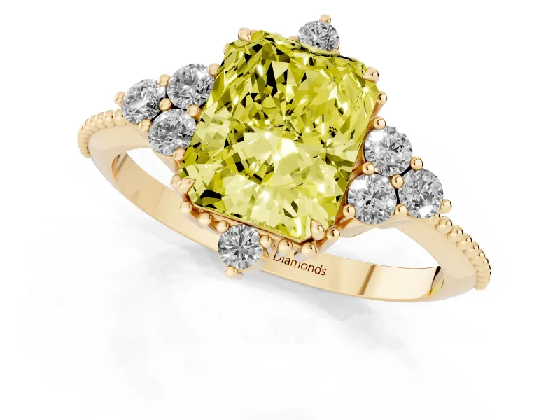 Fancy Yellow Radiant Cut Diamond Cluster Ring Set in Yellow gold with Beaded Band