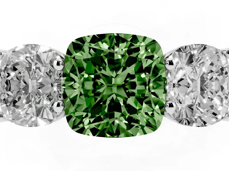 Cushion Cut Three Stone Engagement Ring Setting for a Fancy Green Lab-Grown Diamond | Basket Prong Heads | Platinum