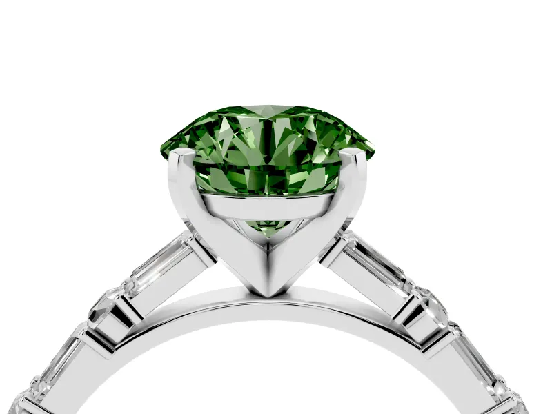 Fancy Green Round Cut Diamond Solitaire Set in White gold with Side Baguettes and Channel Set Band