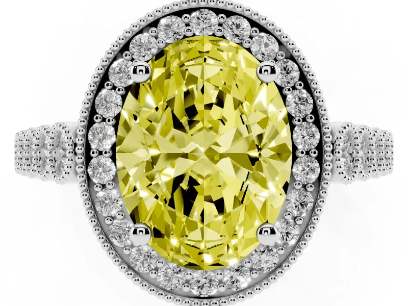 Fancy Yellow Oval Cut Diamond Milgrain Halo Solitaire Ring Set in Silver with Bezel Set Side Stones and Pavé Band
