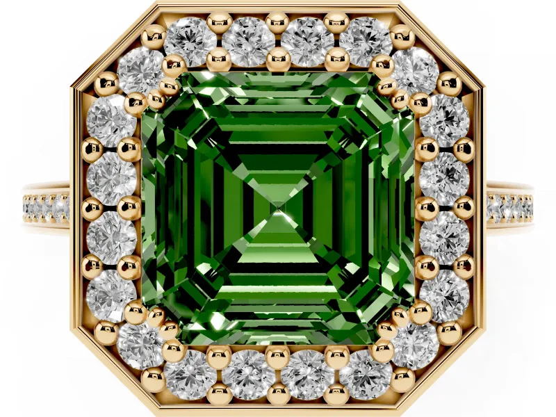 Asscher Cut Halo Engagement Ring Setting for a Fancy Green Lab-Grown Diamond | Polished Halo Rim | Yellow Gold