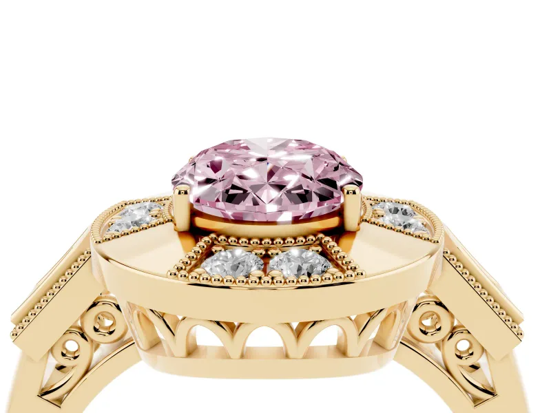 Oval Milgrain Sectioned Halo Engagement Ring Setting for a Fancy Pink Lab-Grown Diamond | Yellow Gold
