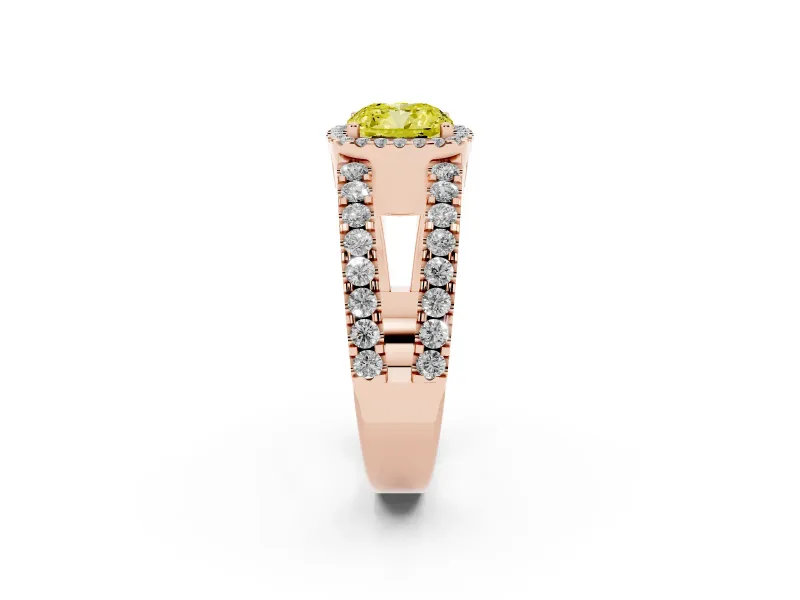 Fancy Yellow Cushion Cut Diamond Halo Ring Set in Rose gold with Pavé Split Shank and Prong Setting