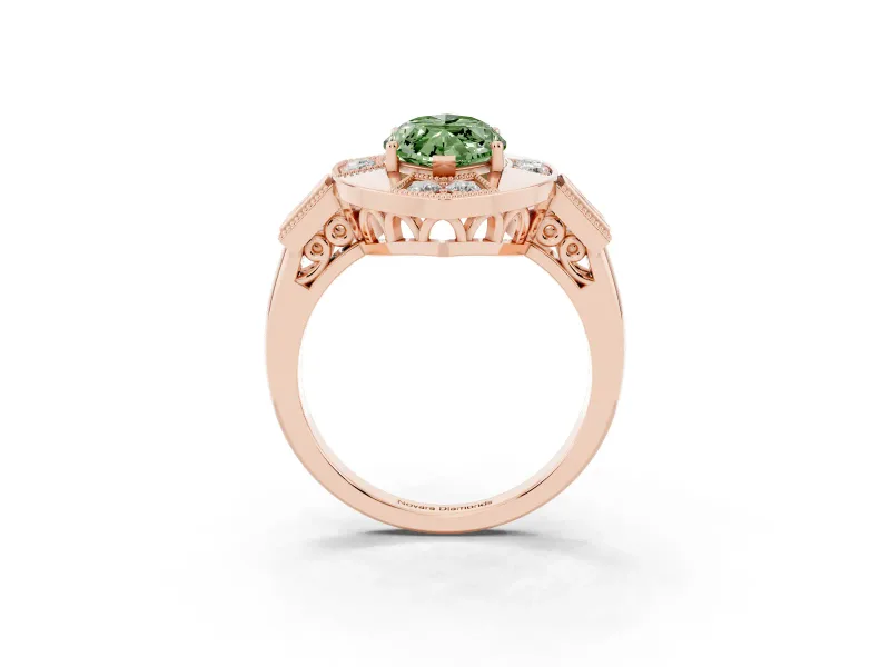 Fancy Green Marquise Cut Diamond Milgrain Halo Ring Set in Rose gold with Split Shank