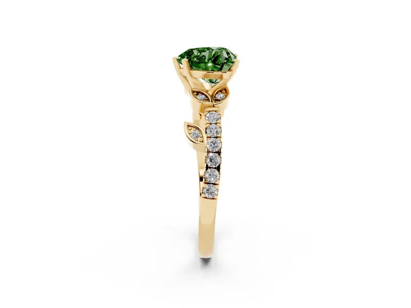 Fancy Green Heart Cut Diamond Solitaire Leaf-Inspired Ring Set in Yellow gold with Pavé Band and Prong Setting