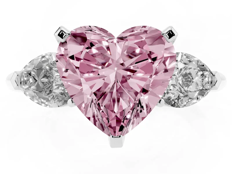Fancy Pink Three-Stone Heart Cut Diamond Ring Set in Silver with Pear Side Stones and Prong Setting