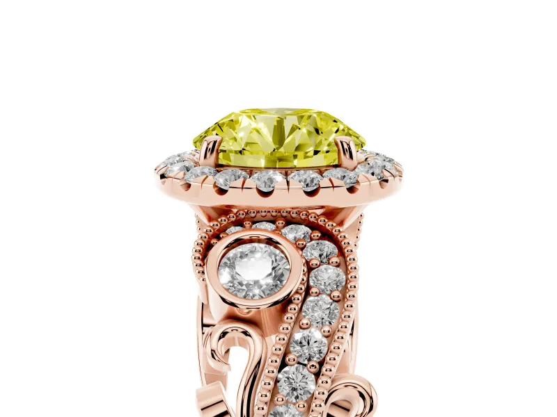Fancy Yellow Round Cut Diamond Halo Ring Set in Rose gold with Milgrain Pavé Band and Prong Setting