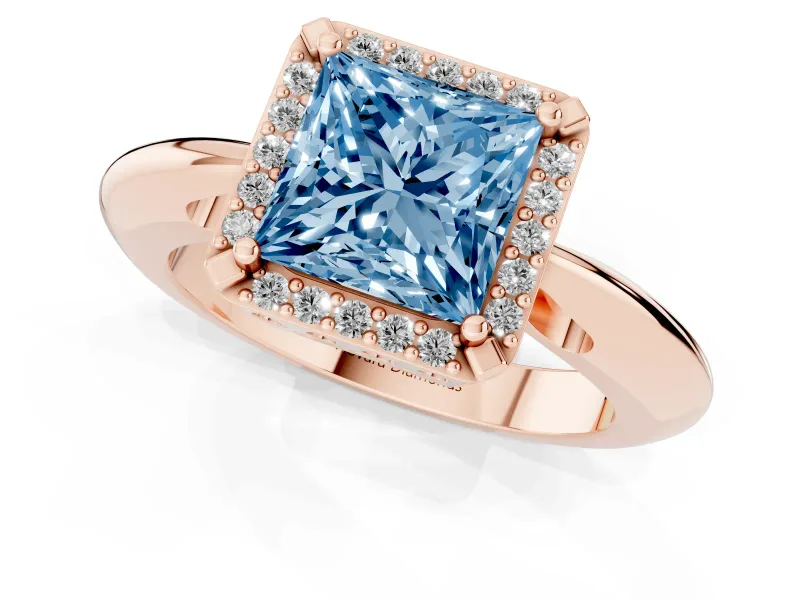 Fancy Blue Princess Cut Diamond Halo Engagement Ring Set in Rose gold with Plain Split Shank and Prong Setting