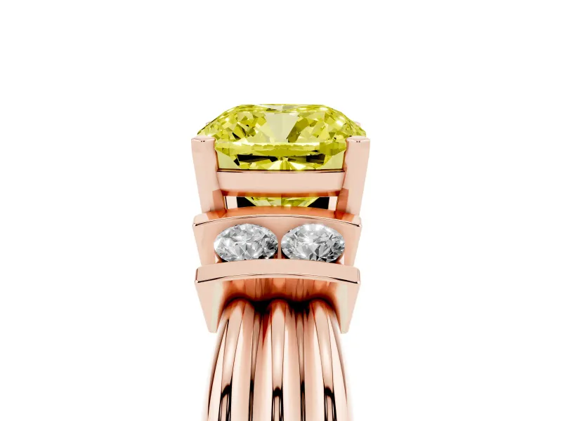 Fancy Yellow Three-Stone Cushion Cut Diamond Channel Set Ring Set in Rose gold with Bar Prongs