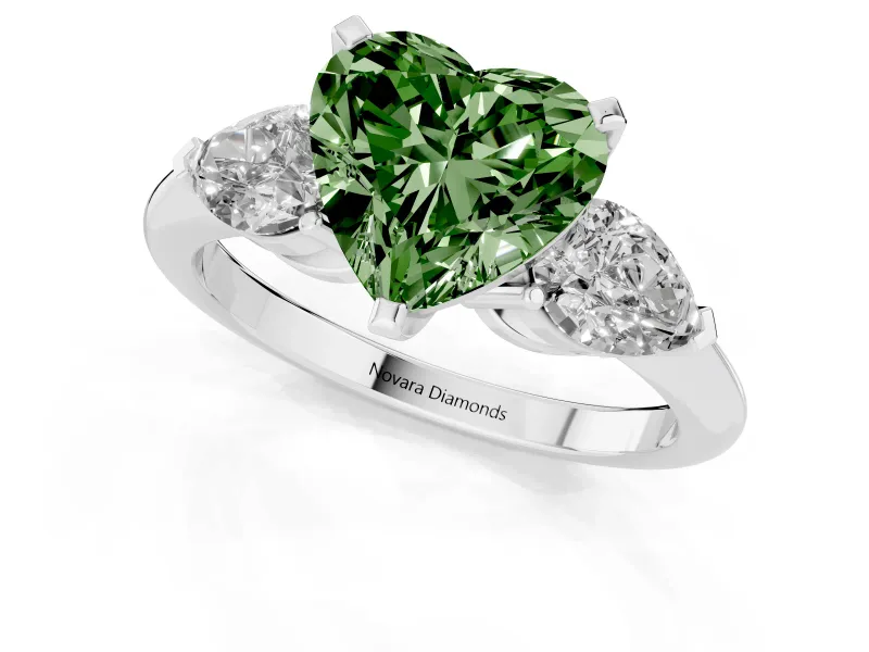Fancy Green Three-Stone Heart Cut Diamond Ring Set in White gold with Pear Side Stones and Prong Setting