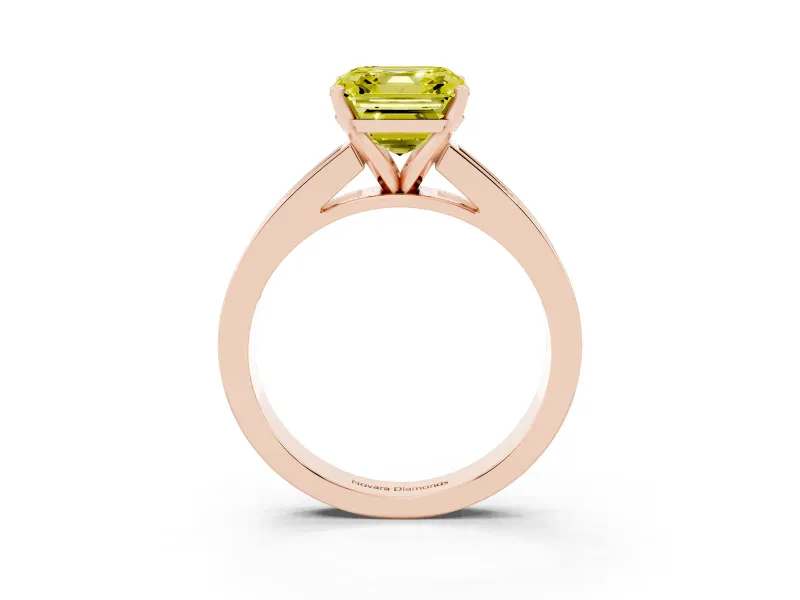 Fancy Yellow Asscher Cut Diamond Solitaire Ring Set in Rose gold with Channel-Set Band and Prong Setting