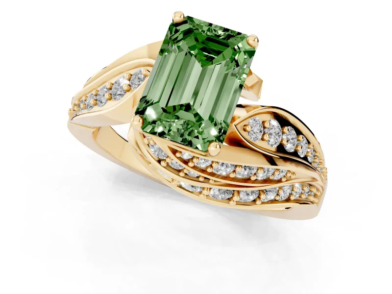 Emerald Cut Bypass Pavé Engagement Ring Setting for a Fancy Green Lab-Grown Diamond | Graduated Pavé | Yellow Gold