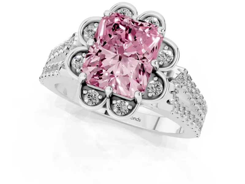 Radiant Cut Floral Halo Engagement Ring Setting for a Fancy Pink Lab-Grown Diamond | Pavé Split Shank | Sterling Silver
