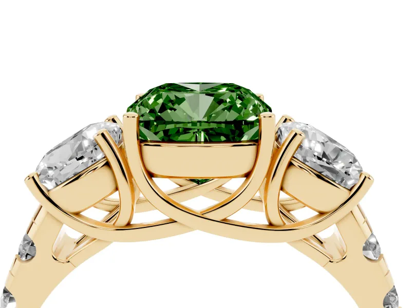 Fancy Green Cushion Cut Diamond Three-Stone Ring Set in Yellow gold with Pavé Band