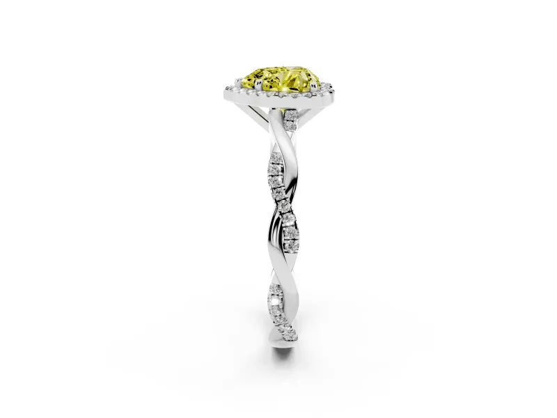 Fancy Yellow Heart Cut Diamond Halo Twisted Band Ring Set in Platinum with Prong Setting