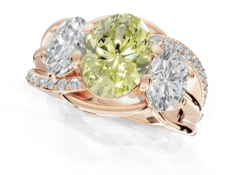 Oval Three Stone Split Shank Engagement Ring Setting for a Fancy Yellow Lab-Grown Diamond | Matching Sides | Rose Gold