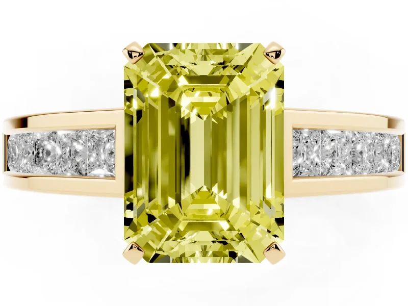 Fancy Yellow Emerald Cut Diamond Solitaire Ring Set in Yellow gold with Channel-Set Band and Prong Setting