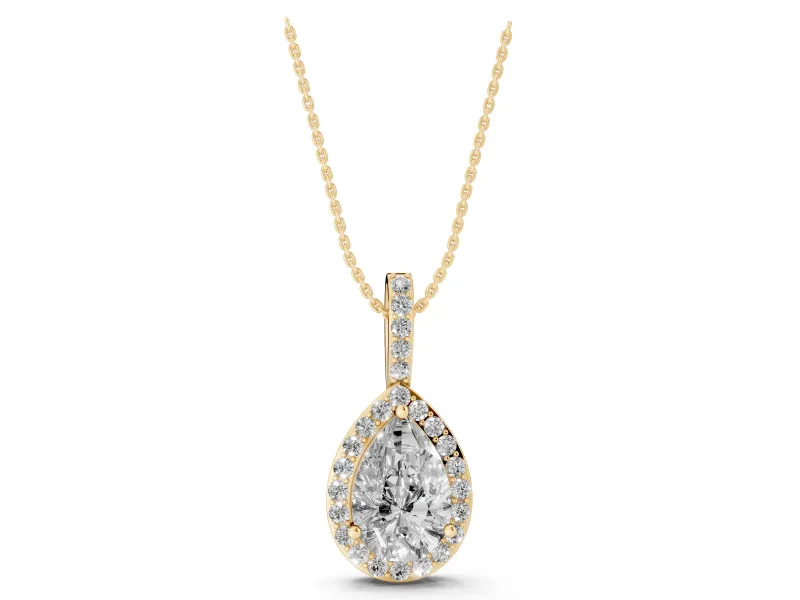 Pear-Shaped Lab-Grown Diamond Halo Pendant Necklace | Wide Pavé Bail | Yellow Gold
