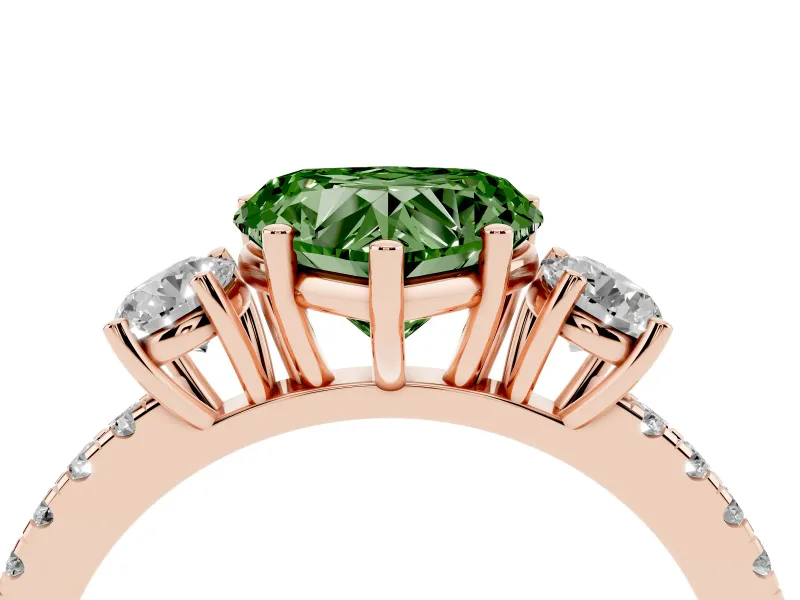 Heart-Shaped Three Stone Engagement Ring Setting for a Fancy Green Lab-Grown Diamond | Pave Shoulders | Rose Gold