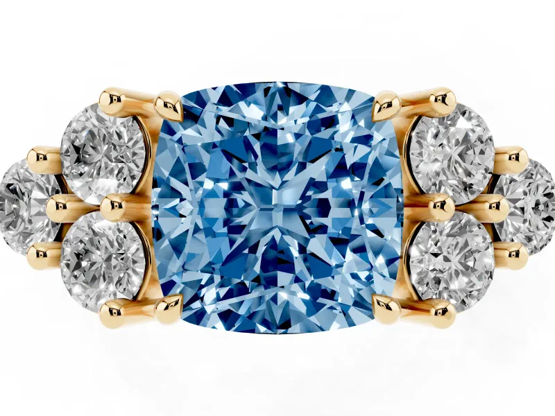 Cushion Cut Cluster Side Stone Engagement Ring Setting for a Fancy Blue Lab-Grown Diamond | Plain Band | Yellow Gold