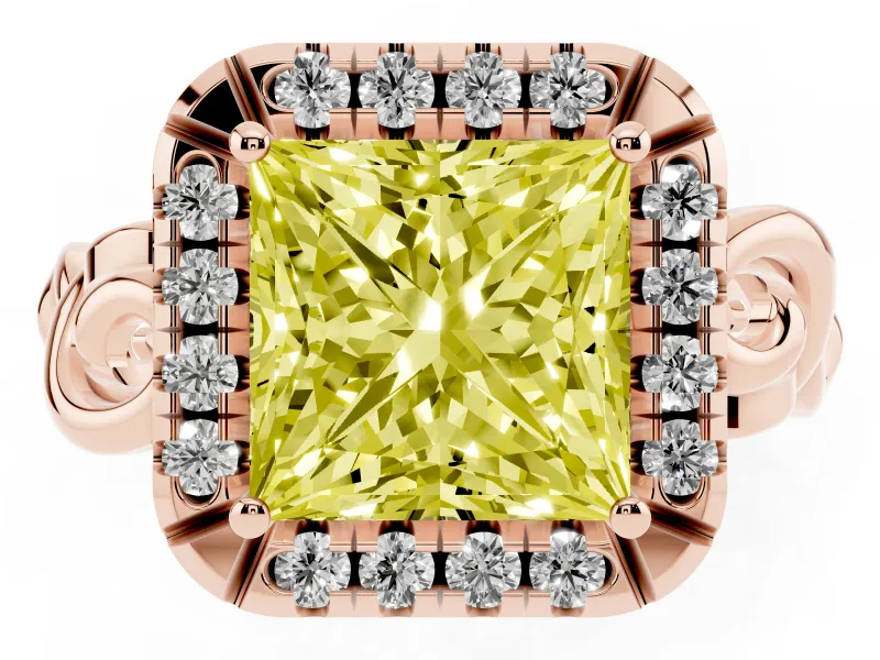 Fancy Yellow Princess Cut Diamond Halo Ring Set in Rose gold with Scrollwork Band and Prong Setting